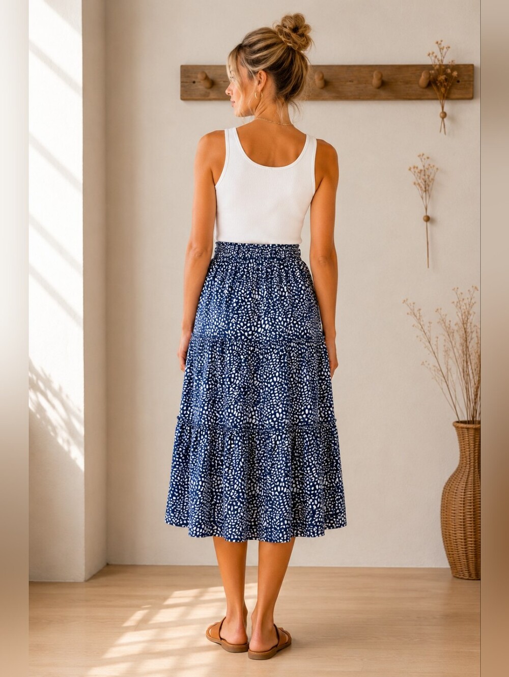 Navy Tiered Midi Skirt | Blue Ivory Print Boho Cottagecore Elastic Waist | XL - Picture 2 of 7
